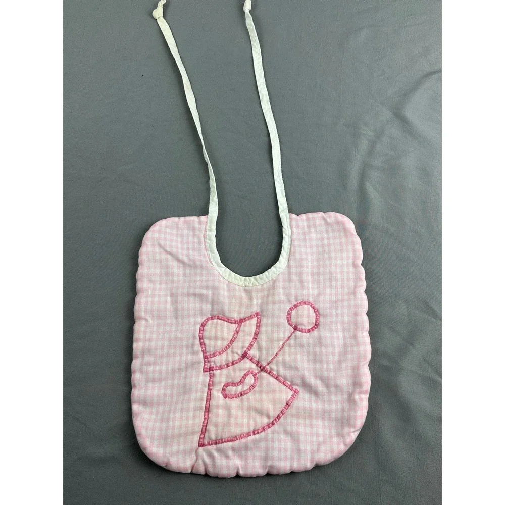 Vintage Sunbonnet Sue Baby Bib Pink Gingham Handmade Applique Tie Back‎